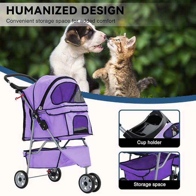 Purple 3-Wheel Folding Cat & Dog Stroller - Waterproof, Cup Holder, Removable Liner - Small & Medium Pets