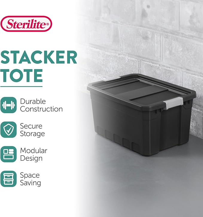 Sterilite Stacker Tote, Plastic Storage Bins with Lids, 19 Gallon, 6-Pack | Rugged Stackable Organizer Bin Containers with Latching Lids for Bed, Garage, Office, Kitchen, Closet & Classroom