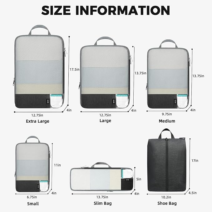 BAGAIL Lightweight Compression Packing Cubes for Travel, 6 Set, Black | Salis Nylon Fabric,Anti-Tearing,Save Space,SBS Zippers,Packing List,PVC Tag Pocket,Custom Labels,Visible Mesh,Portable Handel