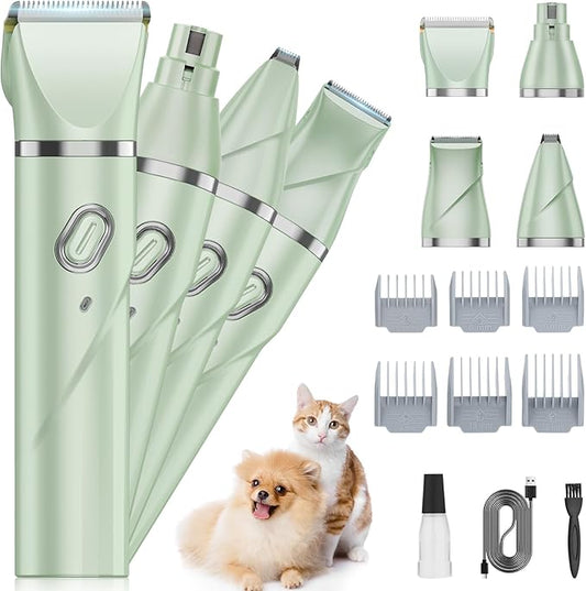 QREEYX Upgrade Dog Grooming Kit, Cordless Dog Paw Trimmer, 4 in 1 Low Noise Pets Hair Clipper Grooming Kit, 2-Speed Nail Grinder with Stainless Steel Blade for Small Pet with Thick Coats (Green)