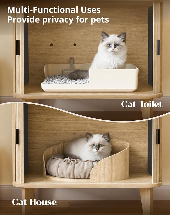 31.5" Cat Litter Box Enclosure,Hidden Litter Box Furniture with 2-Tier Storage Shelves,Wooden Cat Washroom and Pet House with Sliding Tambour Door for Living Room, Oak