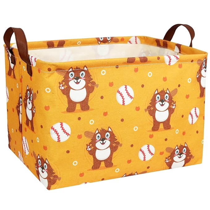 Kid Cute Storage Basket Baby Gift Basket Collapsible Rectangle Canvas Storage Bin for Nursery Playroom Bedroom Decor Organizer (Cartoon Bear Baseball)