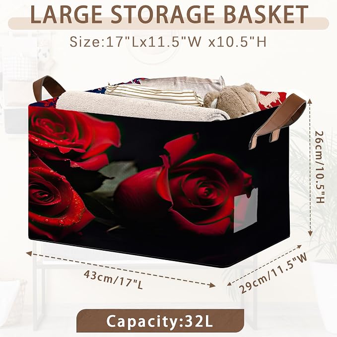 Romantic Rose Storage Basket Large 17x11.5x10.5 Inche-Collapsible Fabric Organizer Bin with Handles for Bedroom,Wedding Decor,Farmhouse-Foldable Decorative Hamper with Blossom Floral Design-1 Pack