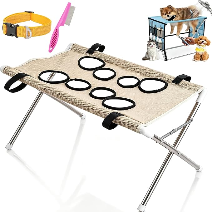 2-in-1 Foldable Pet Grooming Bed, Portable Pet Bathing Stand (Khaki,A) | Dog Grooming Hammock with Foldable Frame and Mesh Side Pockets, Suitable for Pet Washing Maintenance Travel Grooming