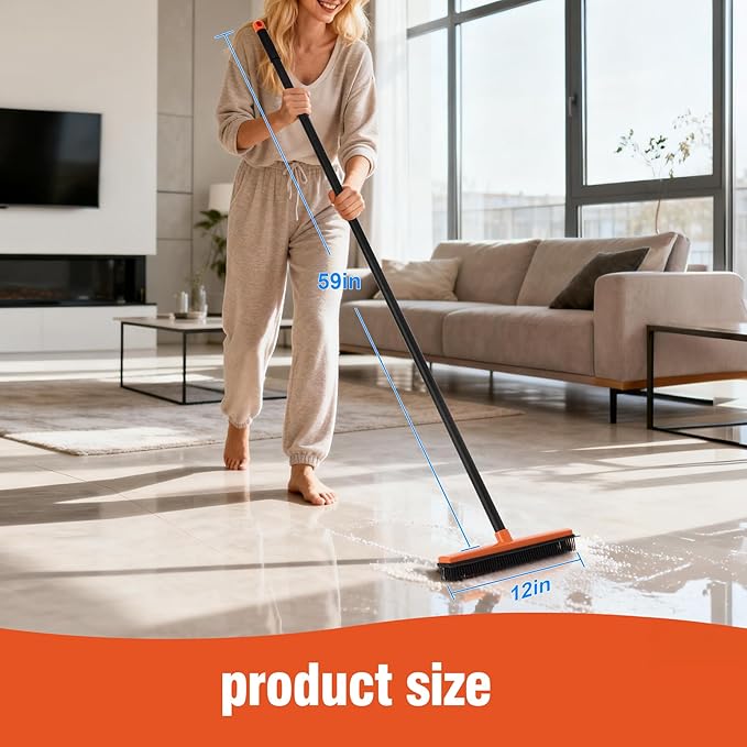 CLEANHOME Rubber Broom for Pet Hair on Carpet & Stairs, Adjustable Long Handle Rubber Broom & Squeegee, Pet Hair Remover Tool for Hardwood Tile Floors, Dog Cat Hair Broom