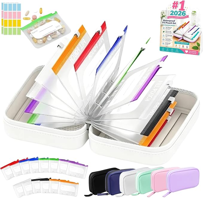 A8 Weekly Waterproof Pill Pouch Set, Reusable Weekly Pill Organizer with 14 Coded AM PM Pouches, Compact Portable Vitamin Supplement Storage Case for Travel Purse Daily Use