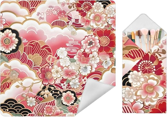 JIPONI Jap Pink Flower Makeup Bag, Self-Adhesive Magic Wrap Cloth, Portable Cosmetic Organizer, Camera Lens Protector, Travel Storage for Beauty Essentials, 17.7"x17.7"