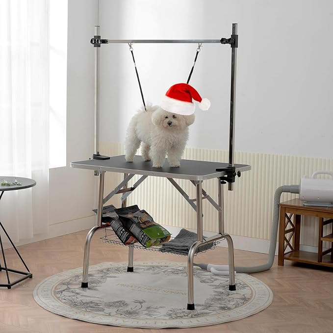 Pet Dog Grooming Table, Foldable Stainless Steel Pet Drying Grooming Table Up to 330lbs, Professional Bathing Desk for Dogs at Home with Adjustable Overhead Arms, Noose, Mesh Tray, 42''/Black