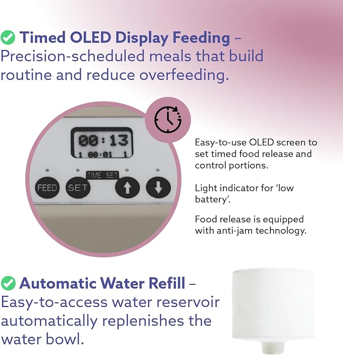 Feeding Friend® Automatic Dog & Cat Food Feeder with Water Dispenser, Portion Control, OLED Display, Anti-Jam Design, Battery Operated, for Pets 4–15 lb, Taupe