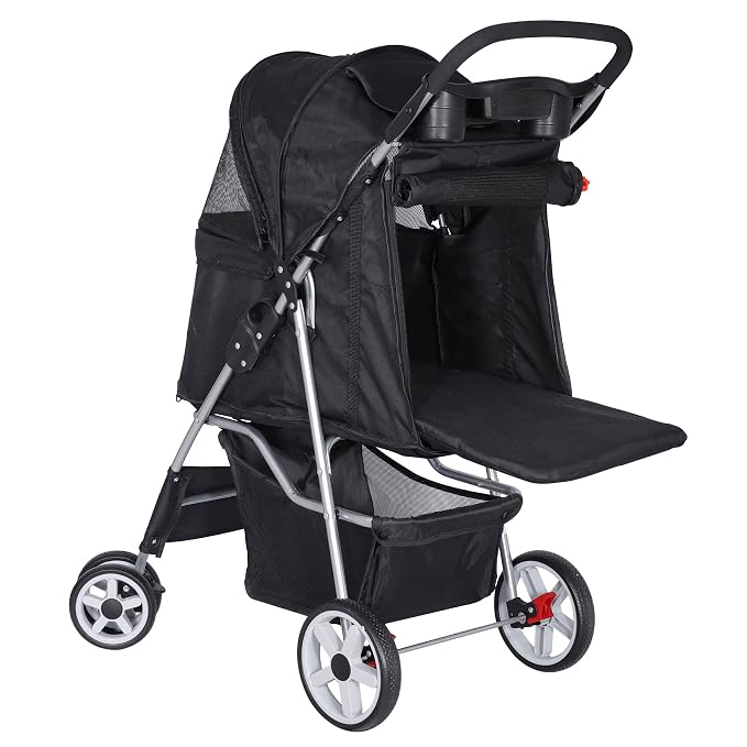 Pet Stroller for Medium Small Dogs - Easy to Walk Folding Travel Carrier Strolling Cart with Cup Holder, Weather Cover and Storage Basket'