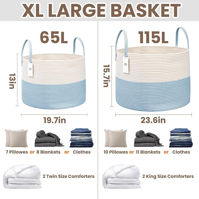 JMvicyroam 115L Extra Large Machine Washable Cotton Rope Blanket Basket | Collapsible laundry hamper, Reinforced handles, For blankets, pillows, toys and clothes, Living room and bedroom, White&Blue