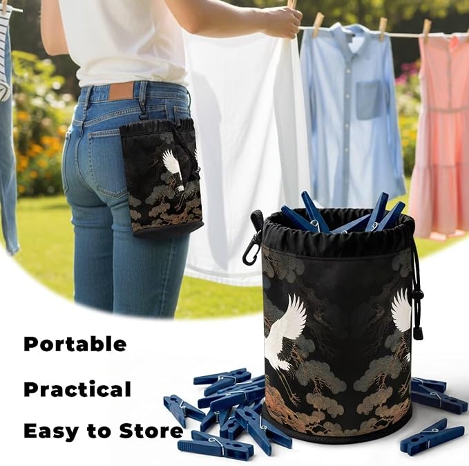 Laundry Clothespin Bag Organizer, White Crane Pine Tree Storage Pouch with Hanging Loop, Portable Clips Holder for Drying, Camping, Beach, Dorm Room Essentials