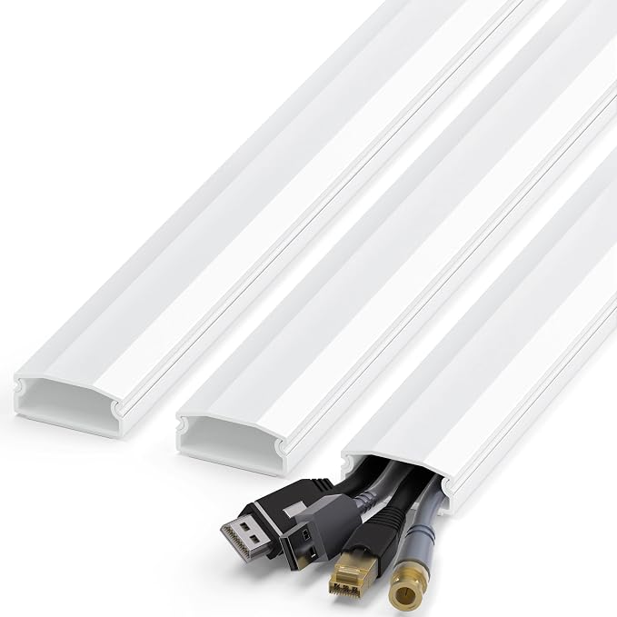 TV Cord Hider, Self Adhesive 44in Cable Raceway Kit, Holds Up to 4 Cables | White Wire Covers for Cords on Wall, Large Cord Cover for Wall Mounted TV, Paintable Cable Management System, W1.2in H0.6in