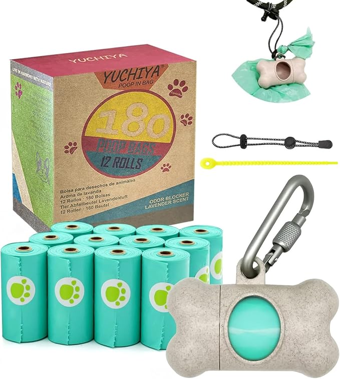 Dog Poop Pickup Bags Holder Dispenser with Standard-Sized Leak-Proof Scented Doggy Waste Bags and Carabiner with Safety Lock&Fastener Never Loose on Leash Lead Again (1 Holder 195 Bags, Beige)