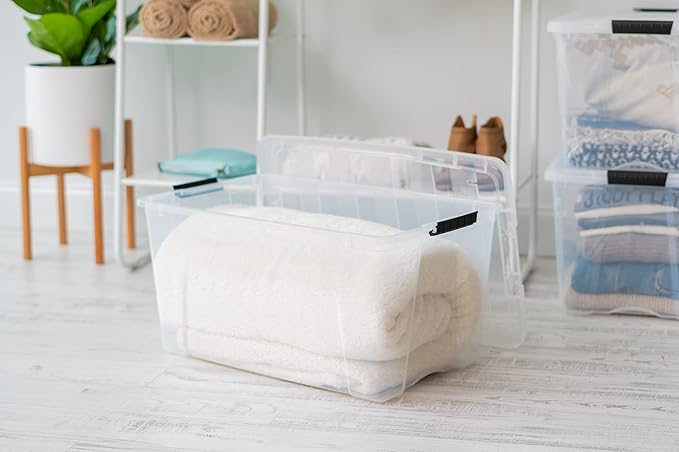 IRIS USA 4-Pack 72 Quart Storage Bins with Lids, Clear | Transparent design makes contents easy to find. Perfect for moving, blankets, clothing, and garage storage. Nestable design