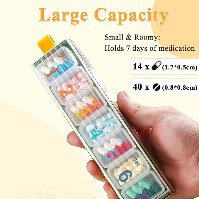 Pill Organizer, Weekly Travel Daily Portable Pill Dispenser Case | Pill Case Box Holder, 7 Compartment Medication Planner for Meds, Vitamin, Medicine, Tablets, Fish Oil, Supplements (Cyan)