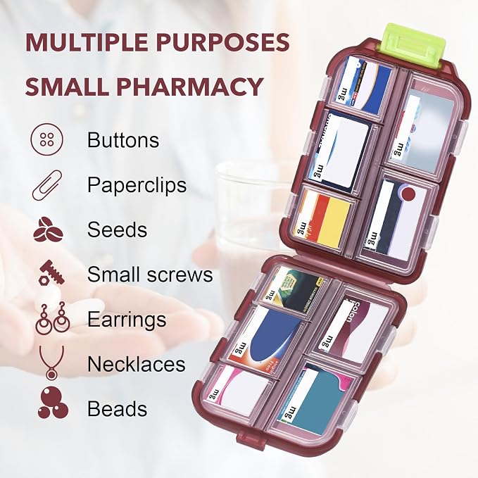 Medicine Pill Organizer with 189 Labels, 10 Compartments Travel Pill Box, Mini Case, Compact Container for Purse (Brown)