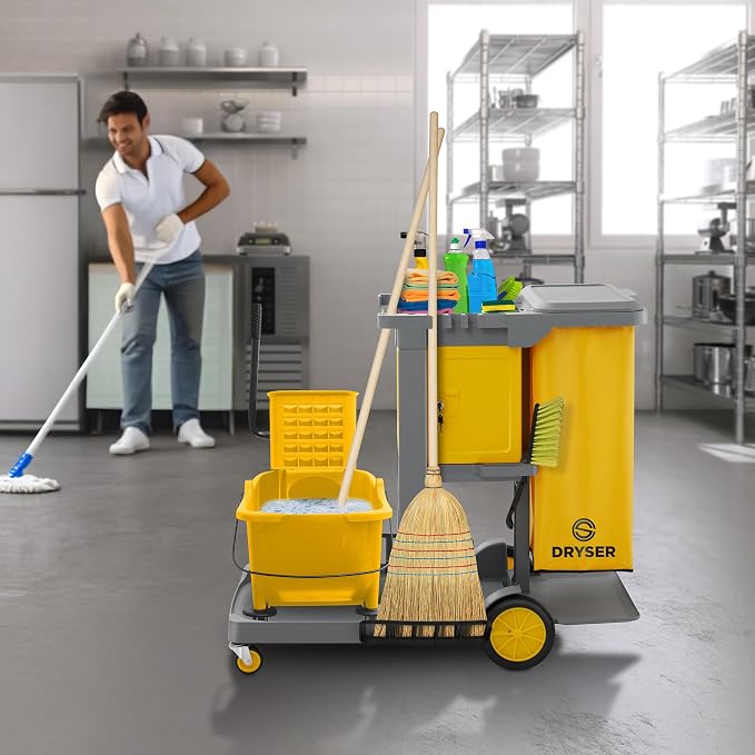 Commercial Janitorial Cleaning Cart on Wheels - Housekeeping Caddy with Key-Locking Cabinet