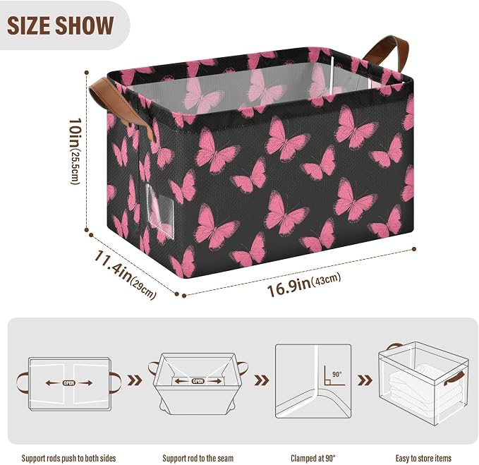Retro Pink Butterfly Hot Pink and Black Storage Bins for Shelves with Labels&Handles Fabric Organizer Bin Foldable Rectangle Storage Basket Boxes for Closet, Bathroom, Home, Living Room