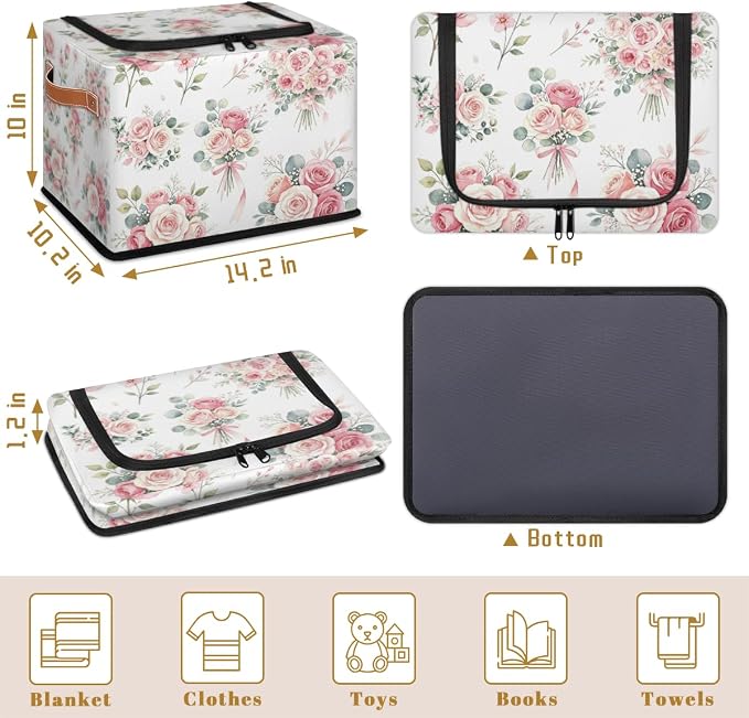 Pink Floral Flower Storage Baskets - Home Decorative Bins Collapsible Cubes with Zipper Lid, Rose Box with Handles for Living Room Bedroom Nursery Shelf Closet Office Kitchen, 24L