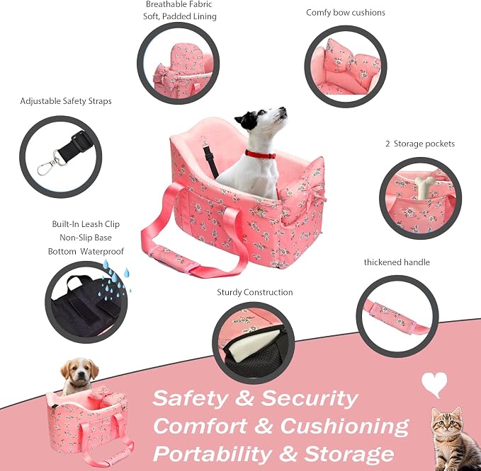 Console Dog Car Seat for Small Dogs Up to 11 Lbs, Pink Daisy | Portable Armrest Booster With Soft Cushion Safety Belt
