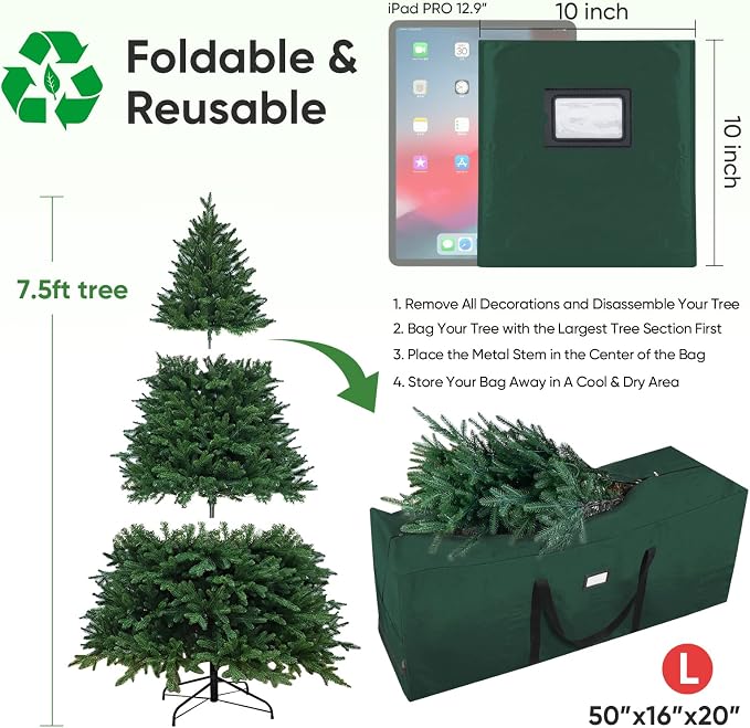 BALEINE 7.5 ft Extra Large Christmas Tree Storage Bag With Reinforced Handles and Dual Zippers for Wide Opening (Green)