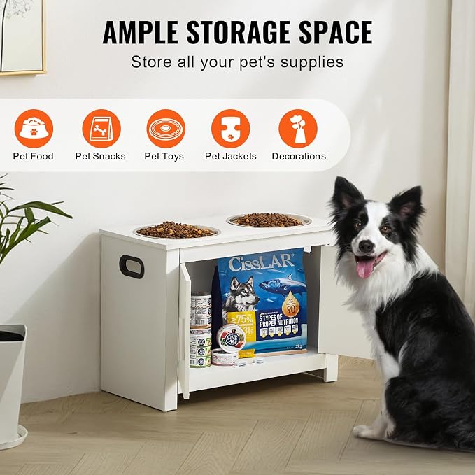 VEVOR Elevated Pet Bowls with Storage Cabinet, Feeding Station with 2 Raised Bowls, Wooden Stand with Handles & Magnetic Doors, Pet Feeder & Toy Organizer, White