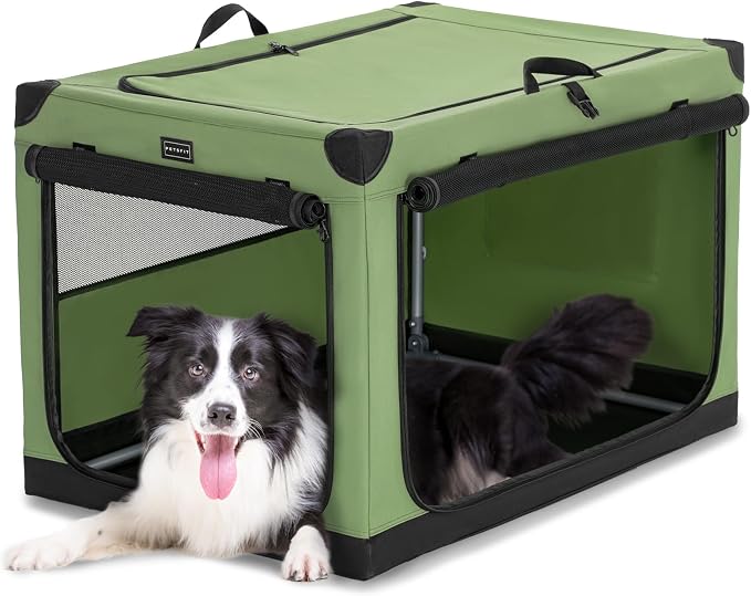 PETSFIT 36" Soft Portable Dog Crate – Patented Spiral Sturdy Frame, Collapsible Travel Kennel for Medium & Large Dogs, 3 Mesh Door, Lockable Zippers, Indoor & Car Use Green