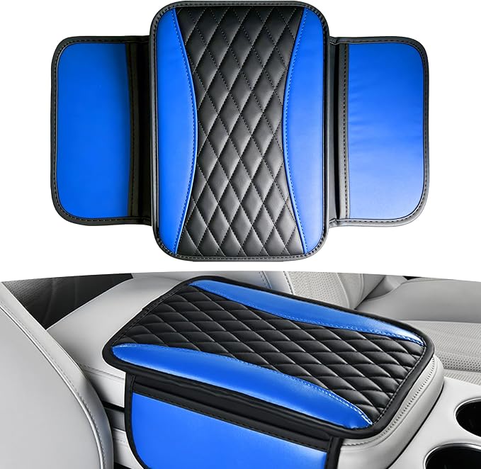 Leather Car Center Console Cover with Side Storage Pockets, Waterproof Armrest Cushion Protector Organizer for Vehicles SUVs, Interior Accessories, Car Decorations Stylish Arm Rest Pad (Blue)