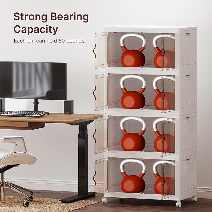 Stackable Storage Bins with Lids, 440QT Lockable Storage Cabinet | Closet Organizers, Foldable Storage Box with Doors and Wheels, Plastic Drawers for Home, Garage, Office (4, White, Plus)