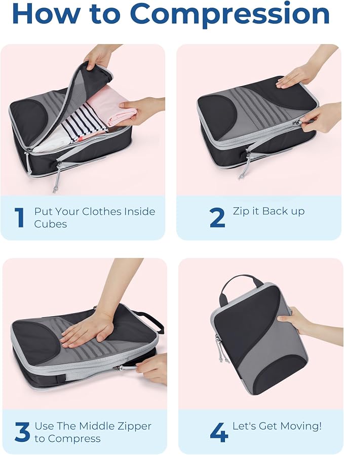 Bagsmart Compression Packing Cubes, Travel Bag Cruise Ship Essentials | Lightweight, Compressible Suitcase Organizer Set fit Standard Carry-On & Checked Luggage, 6 Set, 14 Set Washable Packing Bags