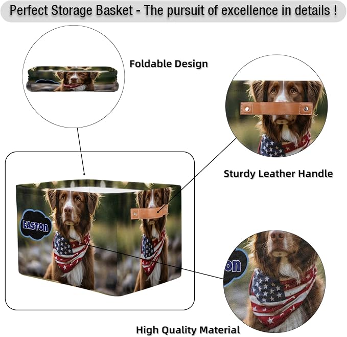 Personalized Storage Basket with Name, Rectangle Toys Pet Dog Storage Bin with Handles for Baby, Boys, Girls, Collapsible Basket for Clothes, Books