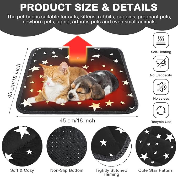4 Pack Self Warming Cat Bed Self Heating Cat Mat Star Pattern Soft Dog Crate Pad Thermal Pet Mat Anti Slip Kennel Dog Washable Warming Bed for Outdoor Indoor(18 x 18 Inch,Black)