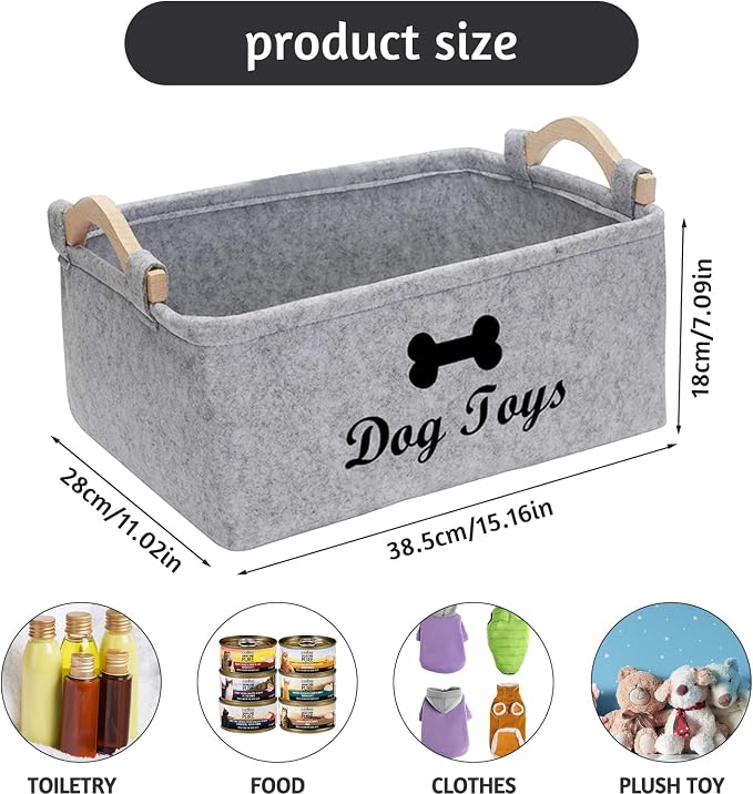 Puppy Toy Storage Box, Grey Puppy Toy Box Storage Basket, 15 x 11 x 7 inch Large Dog Toy Basket for Organizing Pet Toys, Blankets, Leashes