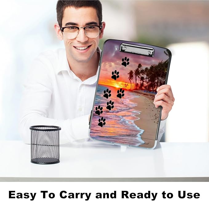 A4 Clipboard with Storage Pen Holder, Clipboards Organizer Nursing Clipboard Foldable File Folder Plastic Clipboard Folio Clip Board for Office Students Classroom Doctor, Dog Paw Print Beach