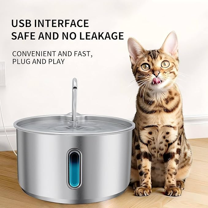 135oz/4L 304 Stainless Steel Cat Water Fountain for Cats & Dogs – LED Window with Blue/Red Alerts, Ultra-Quiet 38dB Pump, Auto Shut-Off, Night Light, Indoor Pet Water Dispenser