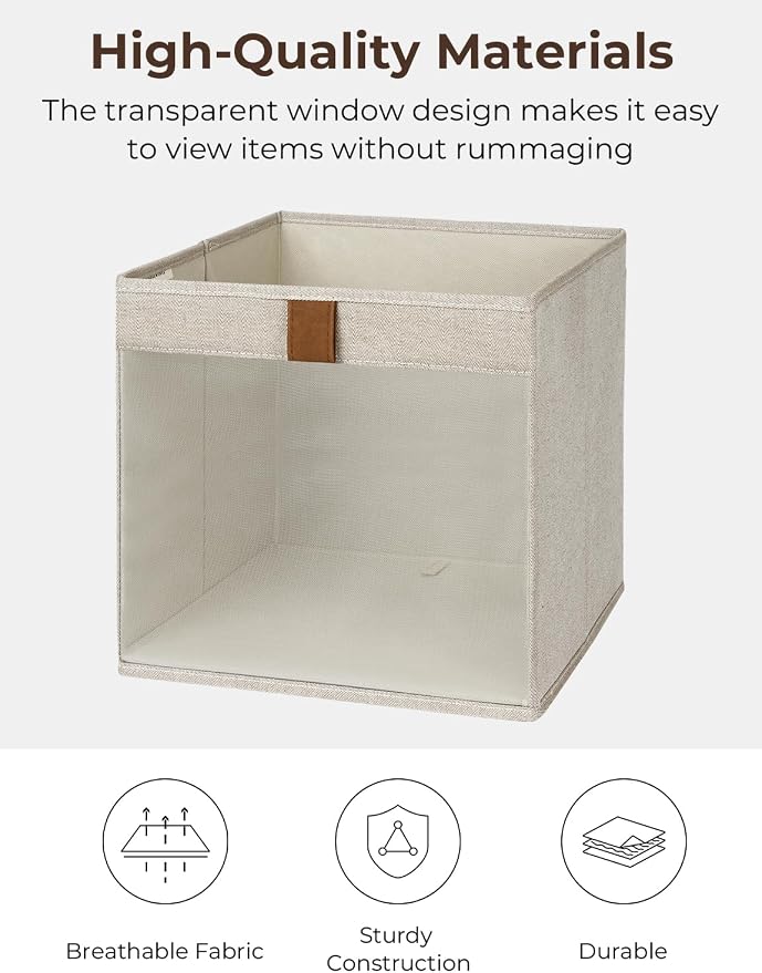 StorageWorks 11x11 Storage Cubes, Fabric Bins, Brown and Beige, 3-Pack | Clear Window for Visibility, 2 Soft Leather Handles, Collapsible, Flip to Show/Hide, Storage Baskets for Closet, Shelf, Cubby