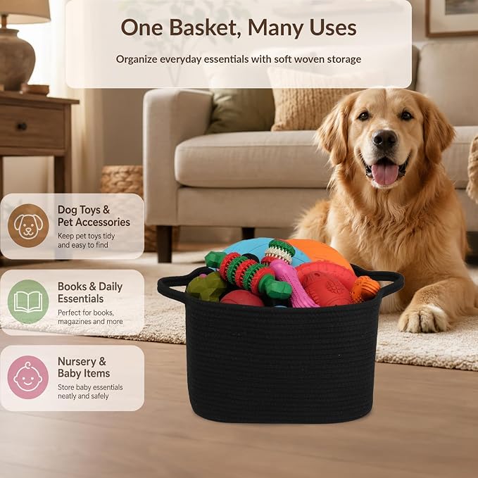 XUANGUO Woven Cotton Rope Storage Basket with Handles 13x10x9 inch black | Woven cotton rope basket for shelves and closets. Perfect for toys, books, clothes, nursery storage and gift baskets.
