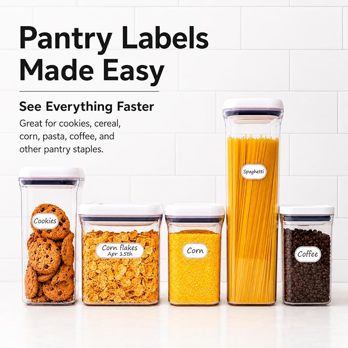 Waterproof Kitchen Labels for OXO POP Food Storage Containers and Home Organization, Pack of 64 | Removable Writable Food Storage Stickers, Tear-Resistant Pantry Organization Decals for Plastic and Glass Jars