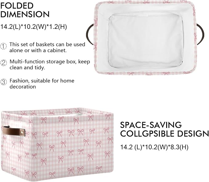 Wamika Pink Cherry Bow Storage Basket with Waterproof Liner and PU Handles Coquette Bowknot Storage Bins Boxes 14.2" Collapsible Decorative Organizer Baskets for Bedroom Closet Office 2 Pack