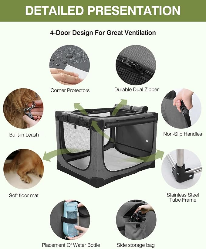 30 x 21 x 21 Inch Collapsible Soft Dog Crate for Dogs Up to 50 lbs, Portable Travel Pet Kennel with 4 Zip Doors, Foldable Indoor Outdoor Crate with Mat, Carry Bag, Grey