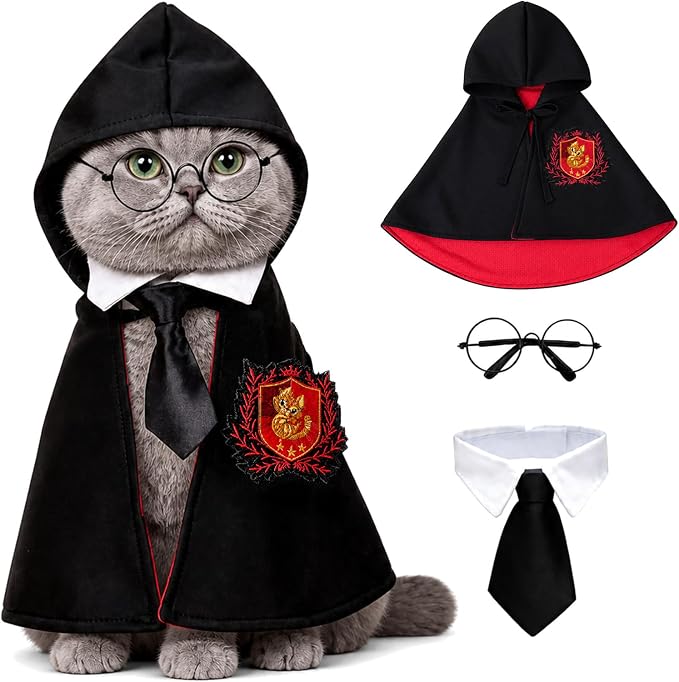 Dog Cat Halloween Costumes,3PCS Pet Dog Wizard Cape,Glasses & Necktie | Halloween Puppy Outfit for Small Medium Dogs Cats Set,Pet Academy Magician Cosplay Costume