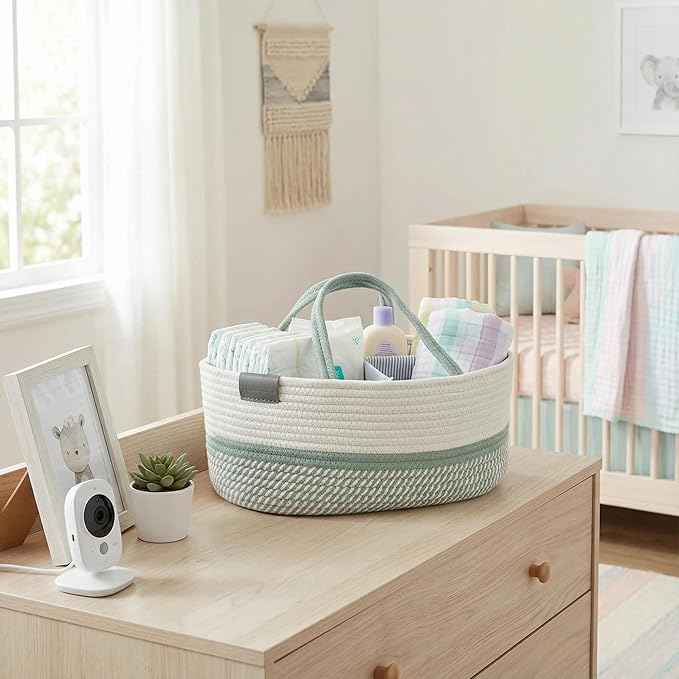 DECOMOMO Baby Caddy Organizer, Large Diaper Caddy Basket | Baby Baskets for Baby Shower (Sage Green & White)