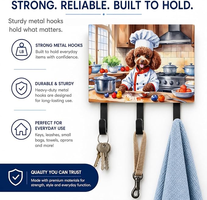 Caroline's Treasures Chocolate Poodle The Chef Leash or Key Holder Wall Hooks, Key Hooks Holder, Coat Rack Wall Mount, Coat Hooks, Hooks for Hanging Keys, Towels, Aprons, Leashes | Chocolate Poodle The Chef artwork on ceramic tile with three steel hook...