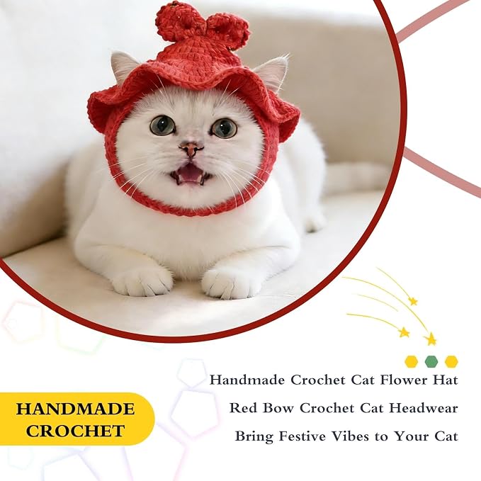 Bow Cat Hat, Cotton & Soft Cute Knitted Hats for Cats Birthday Party Spring Puppy Hat for Small Pets (Red, M)