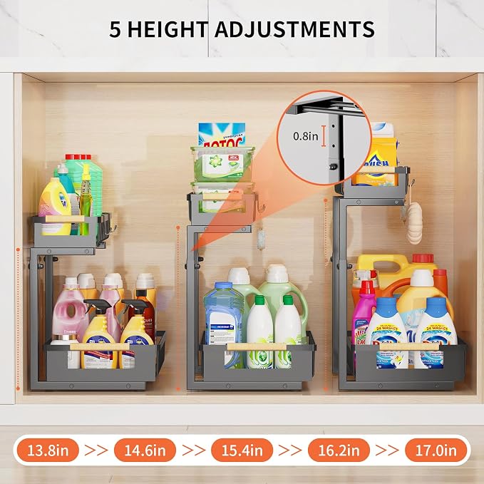 Under Sink Organizer, 2-Tier Slide Out Under Cabinet Storage for Kitchen/Bathroom, Adjustable Double Layer Under Sink Drawers, Space Saving Inder Sink Organizer for Cleaning Supplies(Black,2 Packs)