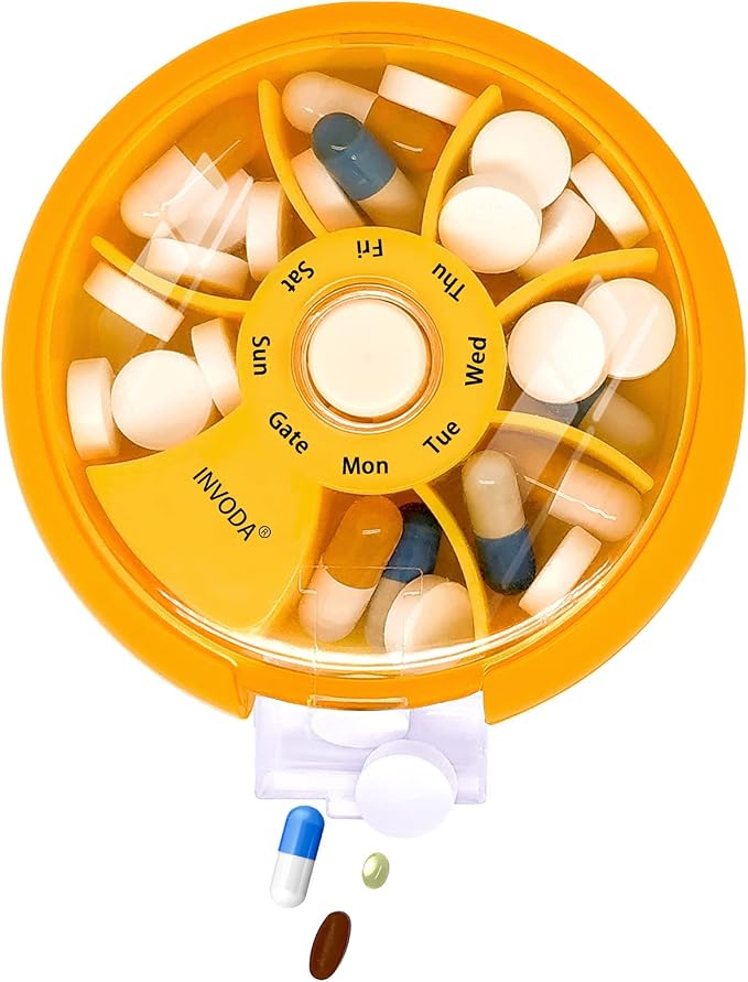 INVODA Weekly Pill Organizer 7 Compartment Rotating Pill Box for Daily | Cute Round Pill Organizer Fit purse pocket or backpack Portable Travel Pill Case for Fish Oil Supplements Vitamins Medication