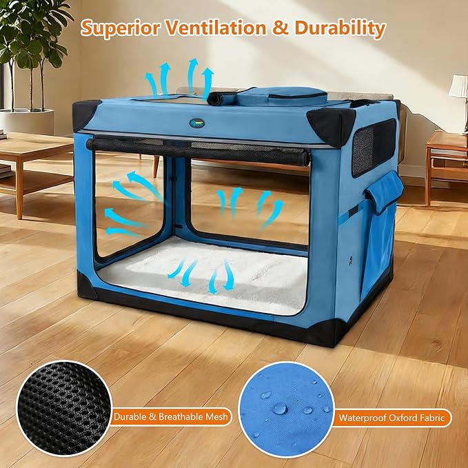 Ownpets Collapsible Dog Crate, 42 inch Portable Travel Dog Crate for Large Dogs, 4-Door Foldable Pet Kennel with Durable Mesh Windows & Soft Mat, Blue | Foldable, Portable, 4-Doors, 4-Side Mesh Windows, Steel Frame Oxford Cloth, Soft Cushion Mat, Leash...