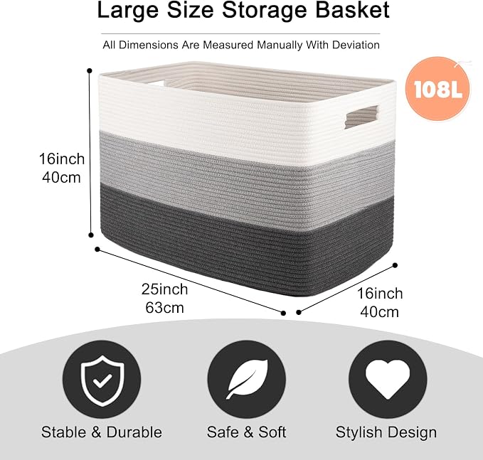 OIAHOMY 108L Extra Large Blanket Basket Dog Toy Basket radient Dark Grey | Rectangle Woven Baskets for Storage Cotton Rope Basket For Living Room Toy Storage Blanket Storage Laundry Basket