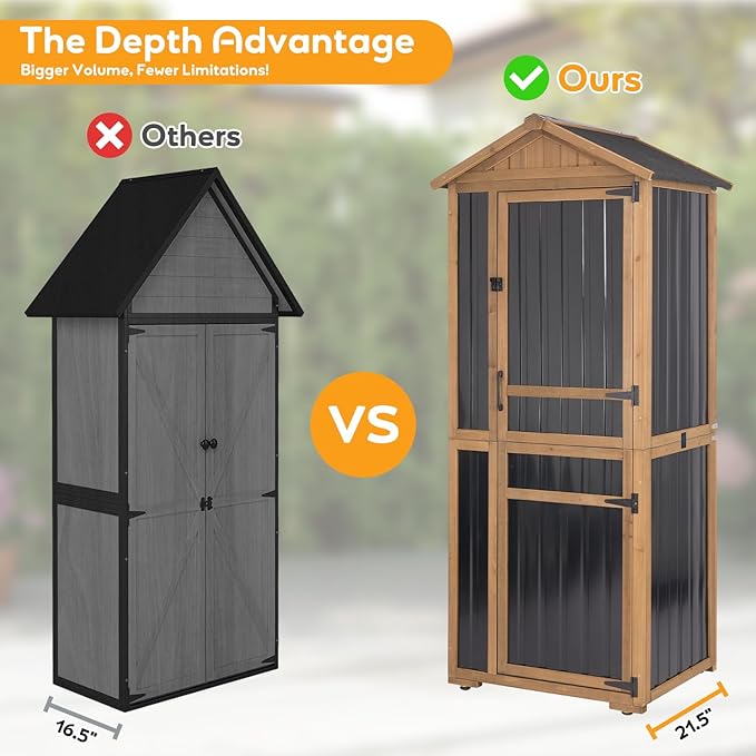 Outdoor Storage Cabinet, Extra-Tall Shed with Removable Shelf for Long Tool | Wood & Metal, Waterproof Asphalt Roof, Removable Shelf, Magnetic Lockable Doors, for Patio, Backyard, Garage, Garden